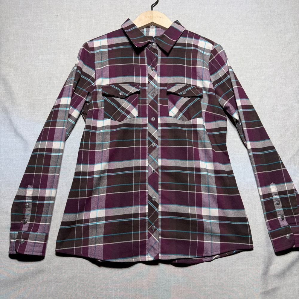 KUHL Flannel Greta Shirt Women Small Purple Plaid LS 8346 Hiking Outdoors